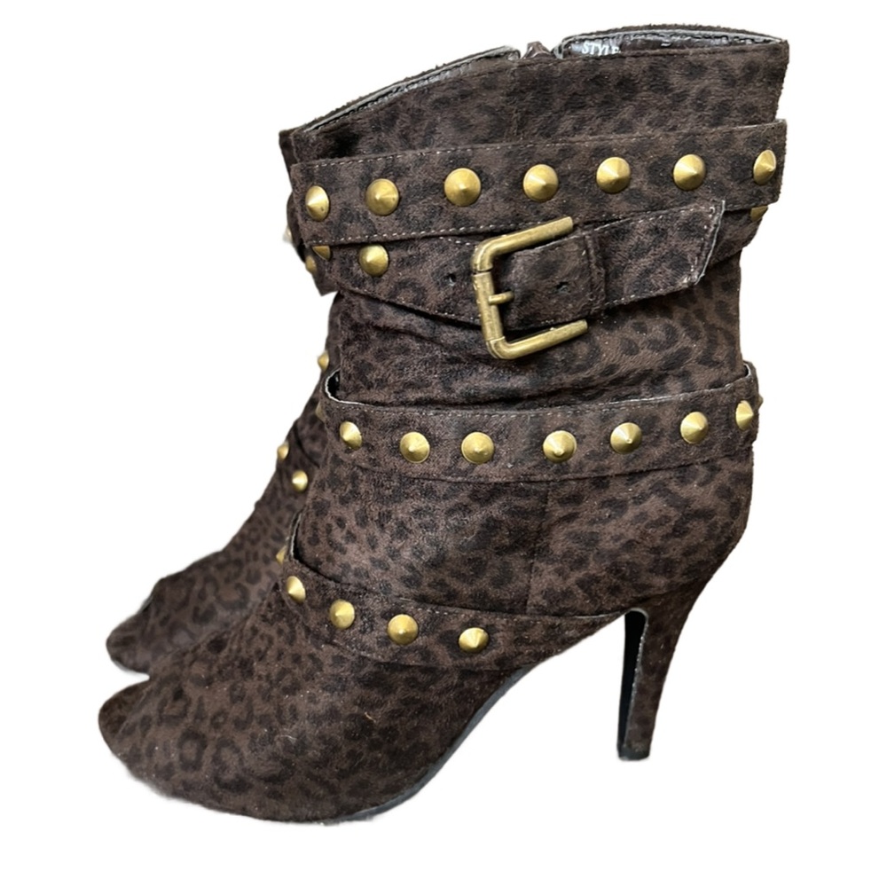 Dots Brown Animal Print Strappy Suede like Open Toe Heeled Boots Size 8